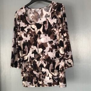 CROFT BARROW Size L Womens Scoop Neck 3/4 Sleeves Brown Floral Top Pullover